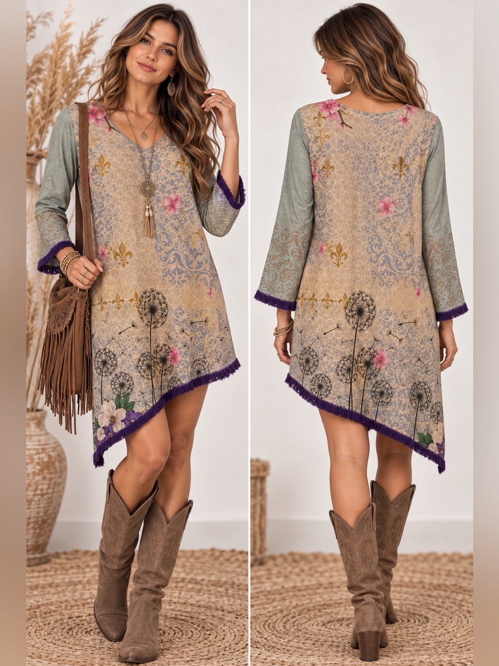 Pastel Boho Floral Botanical Dandelion V-Neck Tunic Asymmetrical Dress Size S/M
